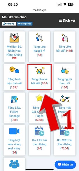 Truy cập dịch vụ tăng chia sẻ bài viết Facebook trên hệ thống Mailike