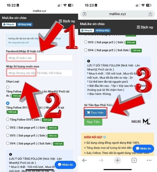 Cách sử dụng dịch vụ tăng follow Facebook cá nhân Mailike trên điện thoại