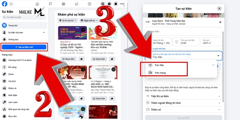 Chọn tạo sự kiện phát ngay trực tiếp hay online trên mạng 
