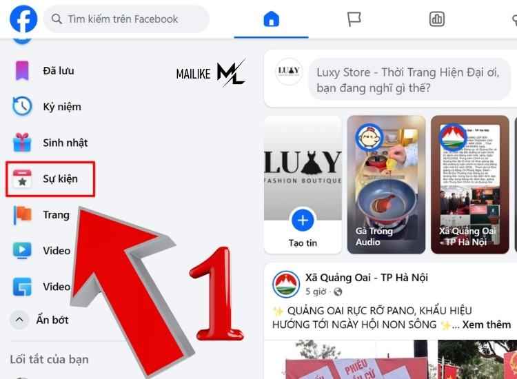 Truy cập đúng mục "Sự kiện" ở thanh menu bên tay trái