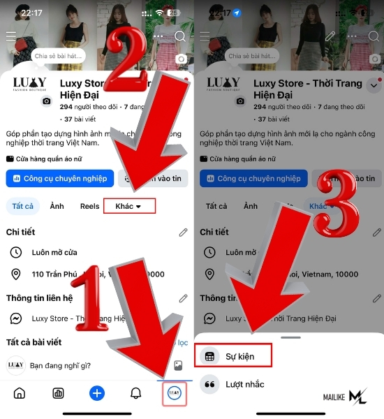 Vào đúng Fanpage cần thực hiện, tìm đúng mục "Sự kiện"