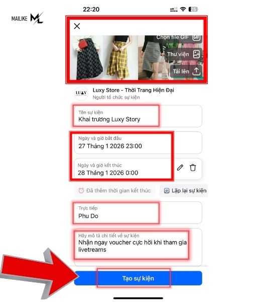 Điền đầy đủ các thông tin rồi ấn tạo sự kiện trên Fanpage