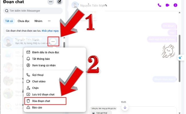 Di chuyển chuột vào đoạn chat muốn xóa, ấn "xóa đoạn chat"
