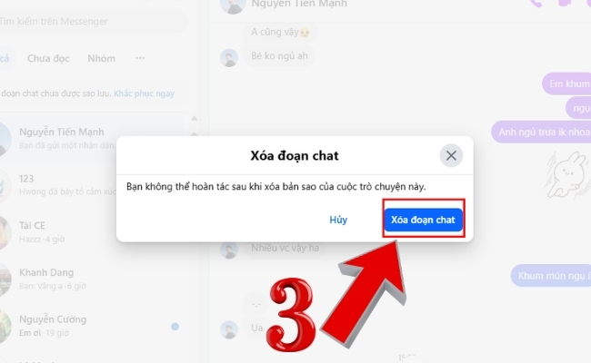 Xác nhận "Xóa đoạn chat" để hoàn thành việc xóa tin nhắn Facebook hàng loạt