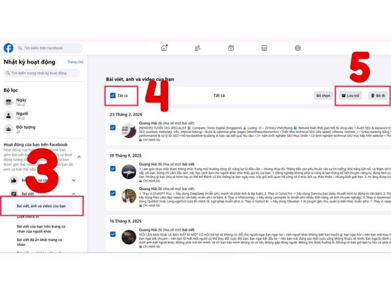 Cách xoá hết bài chia sẻ (bài viết) trên Facebook trong một nốt nhạc