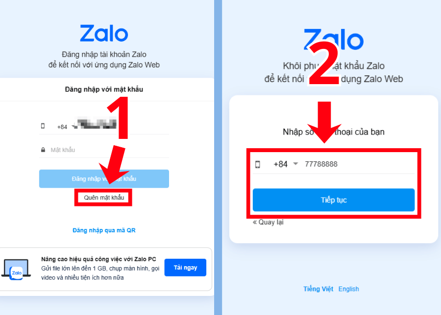Nhập số điện thoại đăng ký Zalo