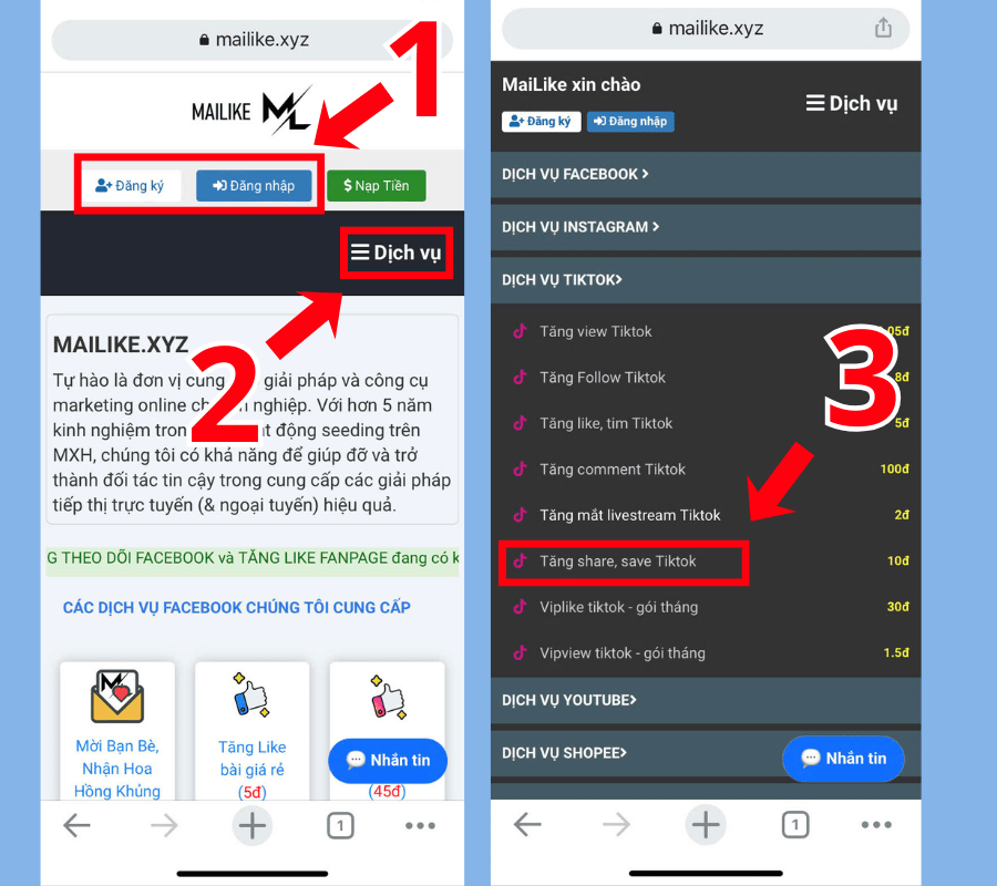 Nhấn Tăng Share, Save TikTok