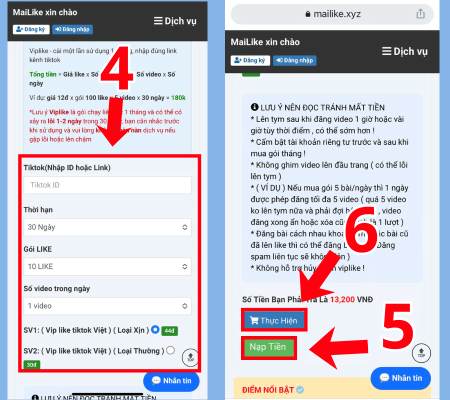 Nhập link video TikTok cần tăng like