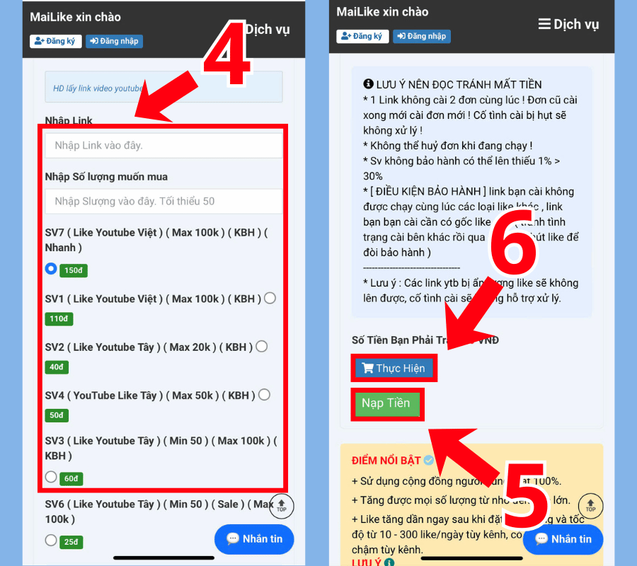 Nhập link video, số lượng like bạn muốn