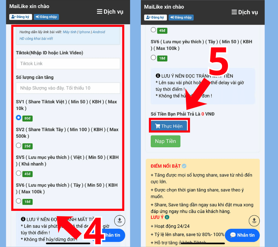 Nhập thông tin cần thiết để Tăng Share, Save video