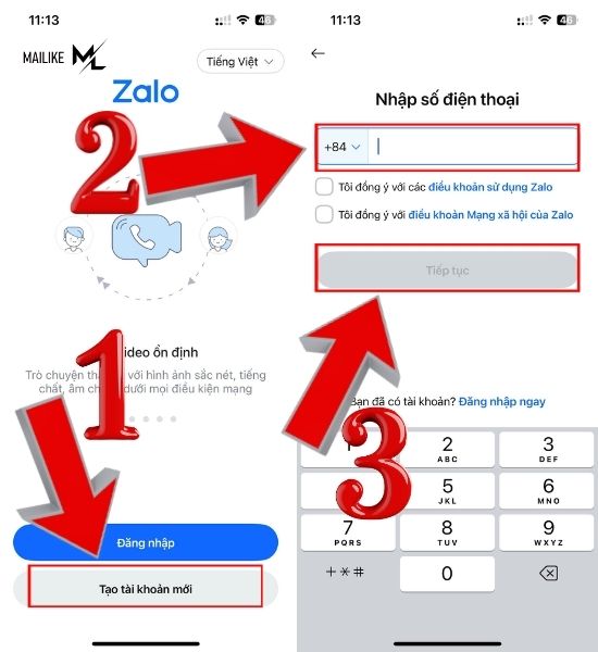 Nhập số điện thoại rồi ấn "Tiếp tục" để tạo tài khoản