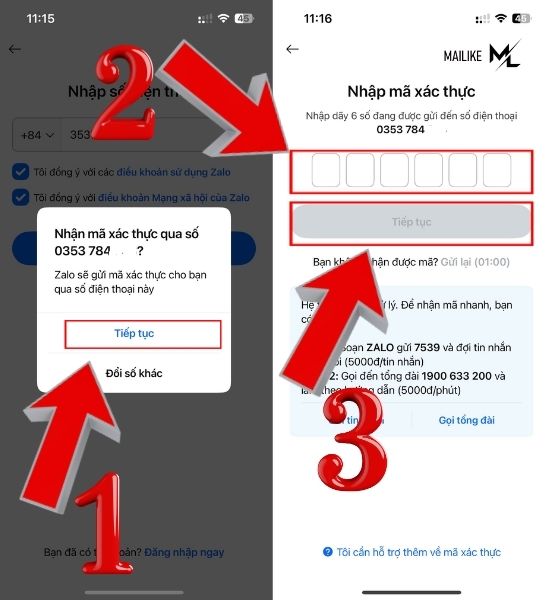 Điền mã OTP để hoàn tất cách tạo tài khoản Zalo