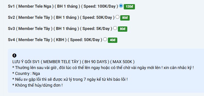 Tại Mailike có 4 gói tăng member Telegram cơ bản