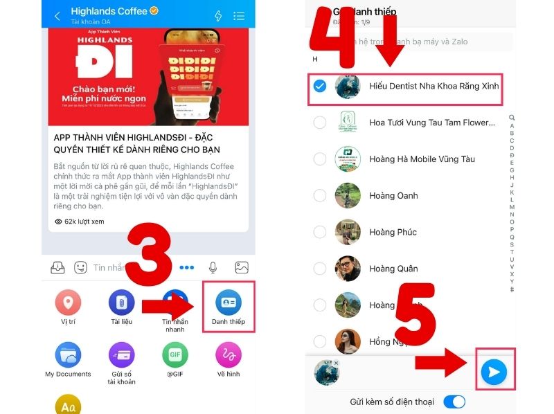 cách gửi danh thiếp zalo