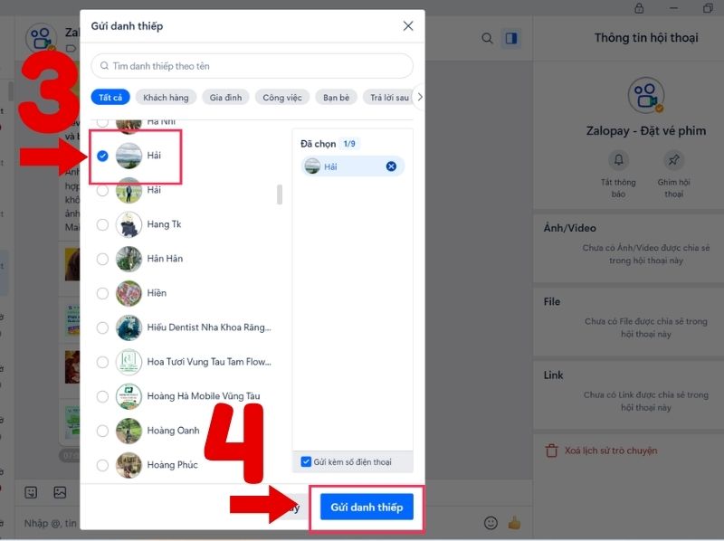cách gửi danh thiếp zalo