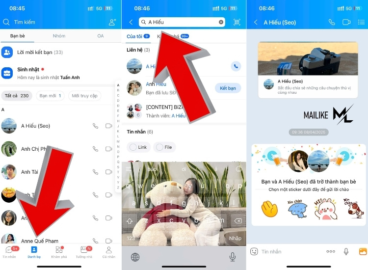 Tìm kiếm tên người cần hủy kết bạn bằng danh ba hoặc thanh tìm kiếm