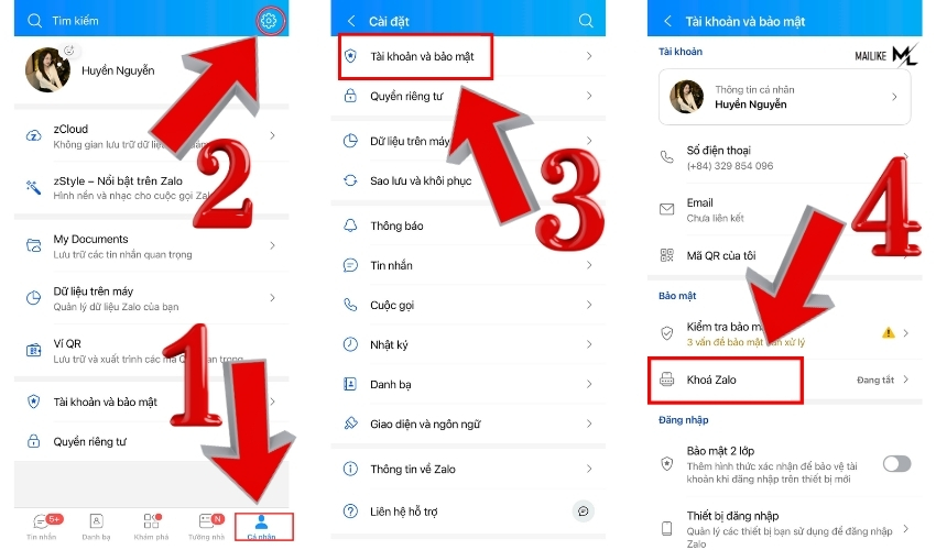 Vào trang cá nhân chọn mục "khóa zalo"