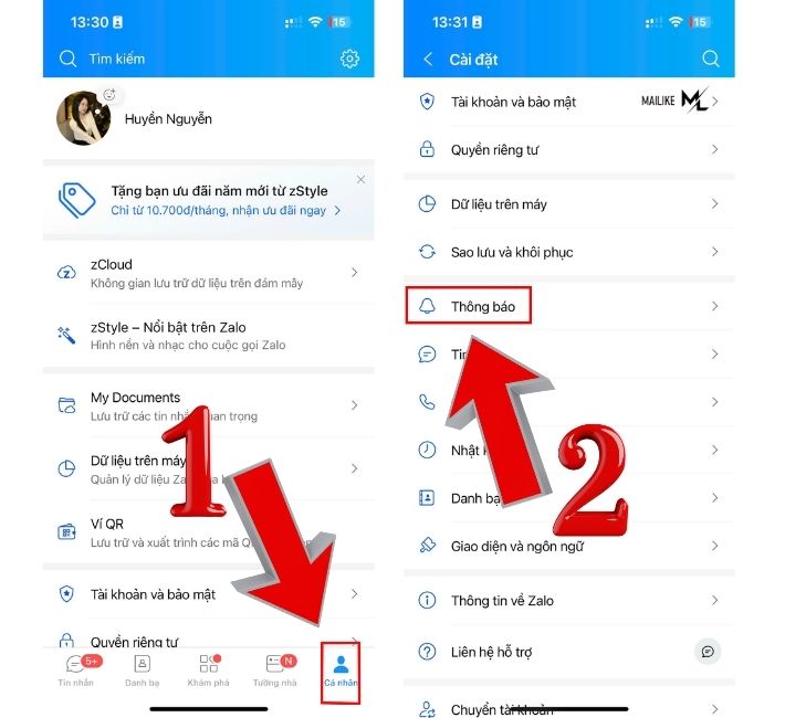 Đi vào trang cá nhân tìm chọn mục "Thông báo"