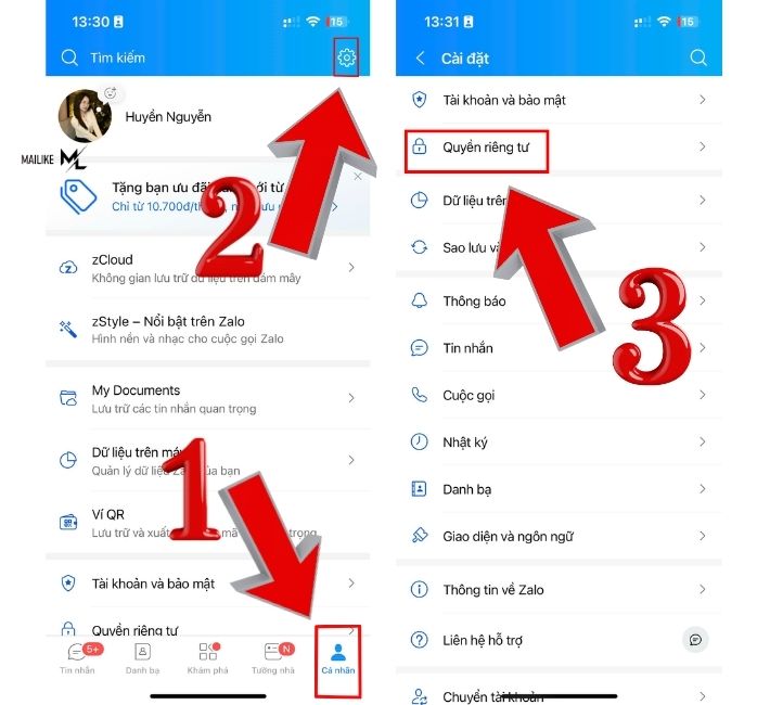 Truy cập vào quyền riêng tư trong app Zalo