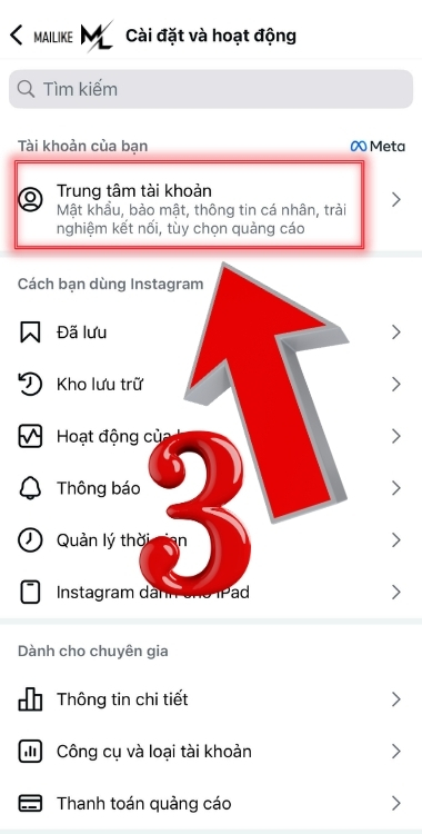 Truy cập vào trung tâm tài khoàn Insta