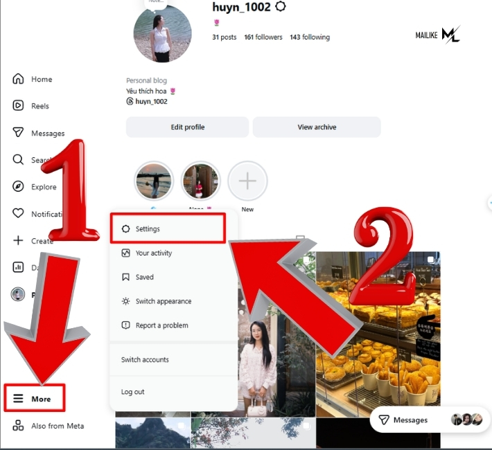 Truy cập vào phần cài đặt trong Instagram