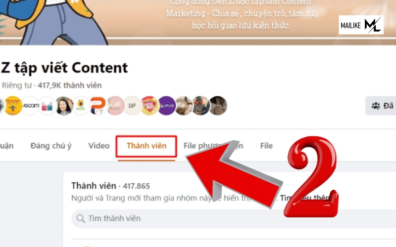 Nhấp vào mục Thành viên ở dưới timeline