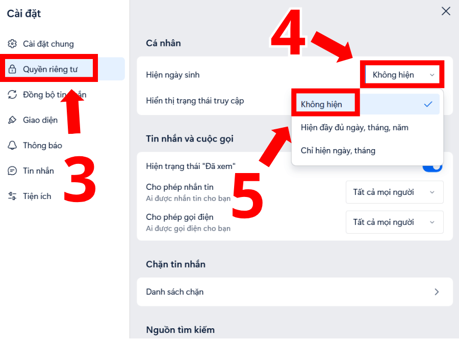Nhấn Không hiện để ẩn ngày sinh