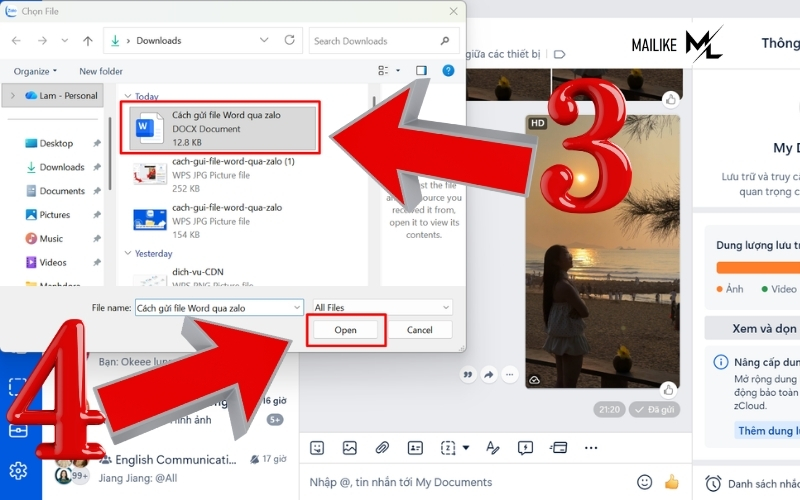 Chọn file word cần gửi, ấn Open