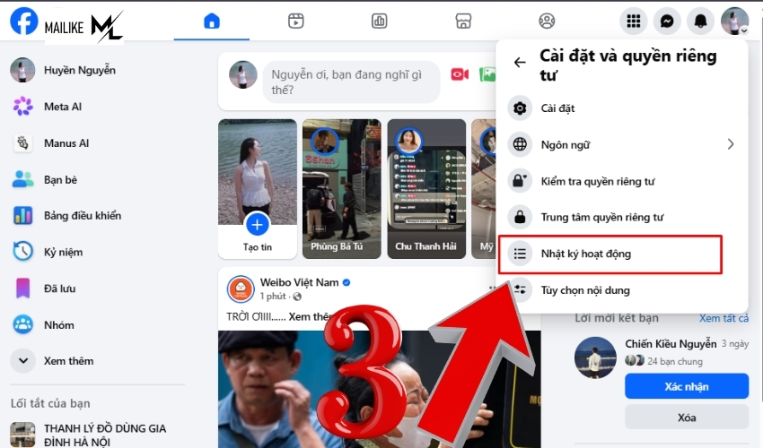 Tìm chọn mục Nhật ký hoạt động