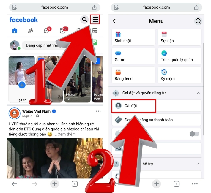 Chọn mục Cài Đặt tại trang cá nhân