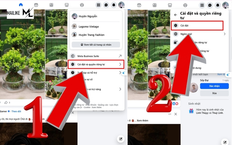 Ấn vào mục cài đặt và quyền riêng tư