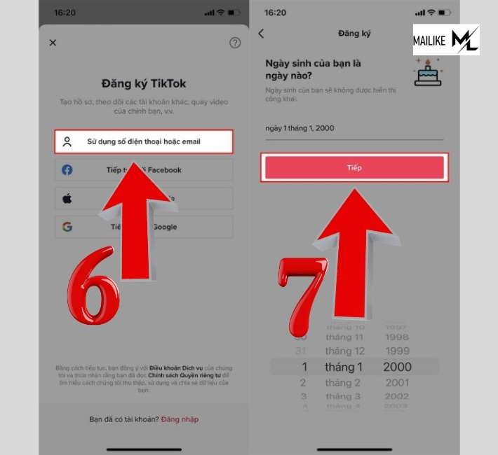 Chọn ngày tháng năm sinh trên TikTok.