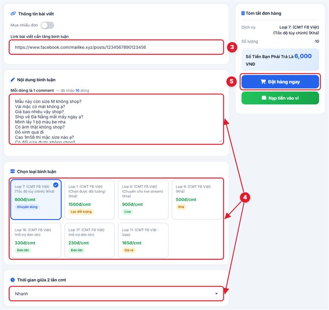 Nhập link, nội dung và chọn loại tăng bình luận Facebook