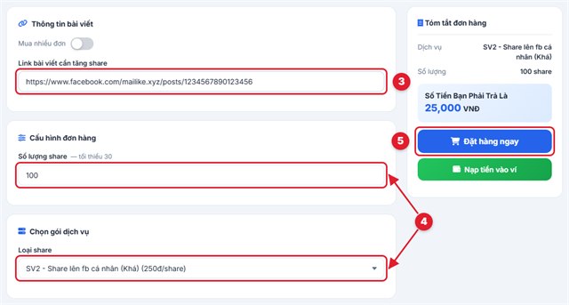 Đặt đơn tăng chia sẻ bài viết Facebook: nhập link, số lượng, chọn loại share