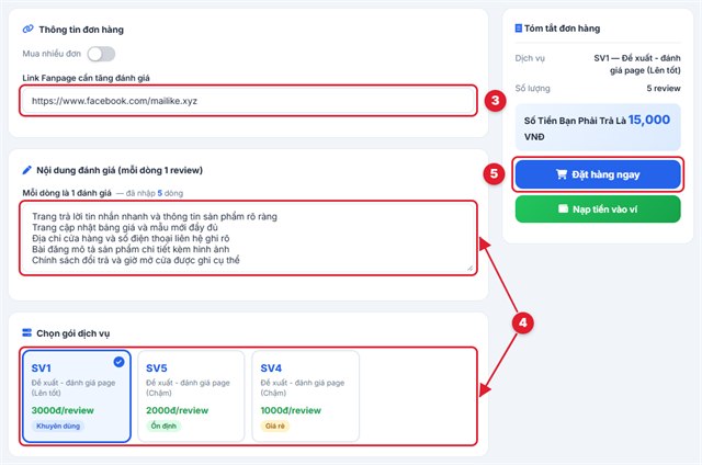 Nhập link Fanpage, nội dung đánh giá và đặt đơn tăng đánh giá Fanpage
