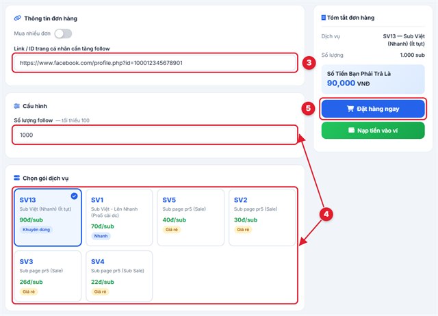 Nhập link trang cá nhân, số lượng và chọn gói tăng follow Facebook
