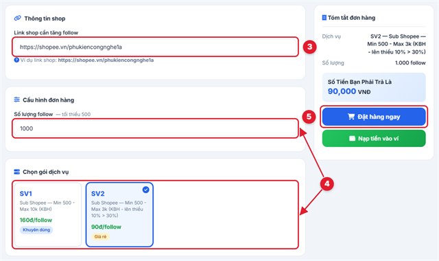 Dán link shop, chọn gói và đặt đơn tăng follow Shopee tại Mailike