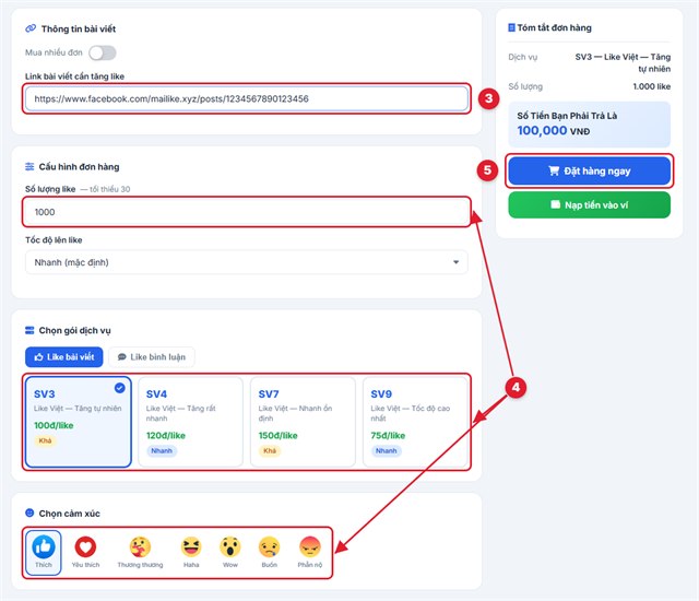 Cách đặt đơn tăng like bài viết Facebook trên Mailike