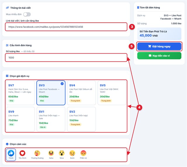 Nhập link, chọn gói và đặt đơn tăng like Facebook giá rẻ