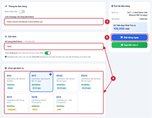 Dán link Fanpage, chọn gói và đặt đơn tăng like Fanpage
