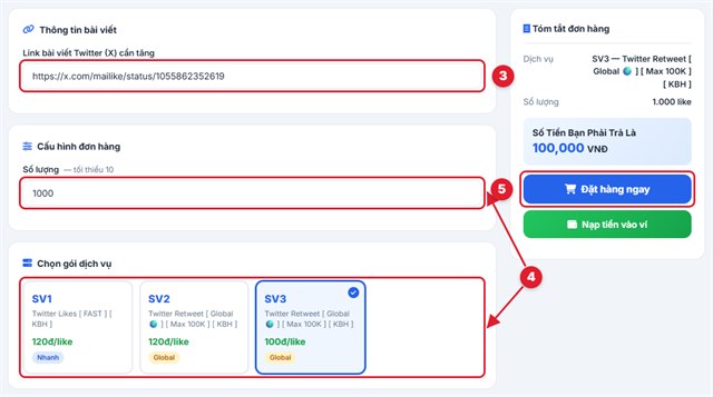 Dán link bài viết Twitter, chọn gói và đặt đơn tăng like, retweet tại Mailike