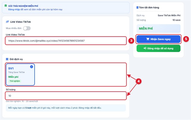 Dán link video và nhận lượt lưu TikTok miễn phí trên Mailike