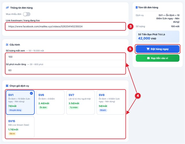 Nhập link live, số mắt, số phút và đặt đơn tăng mắt livestream Facebook