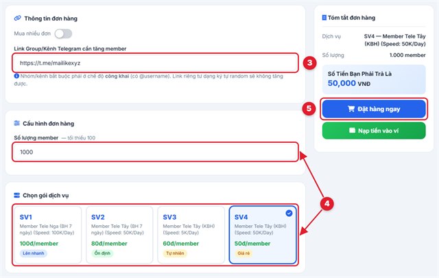 Dán link nhóm Telegram, chọn gói và đặt đơn tăng member tại Mailike