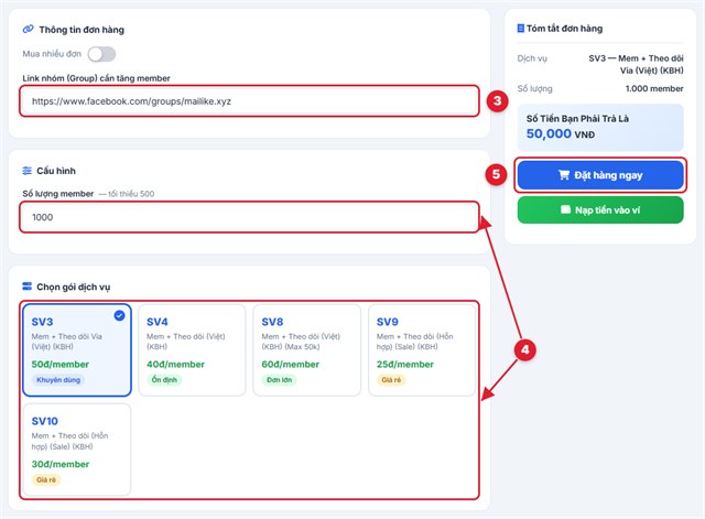 Nhập link nhóm, số lượng và chọn gói tăng thành viên nhóm Facebook