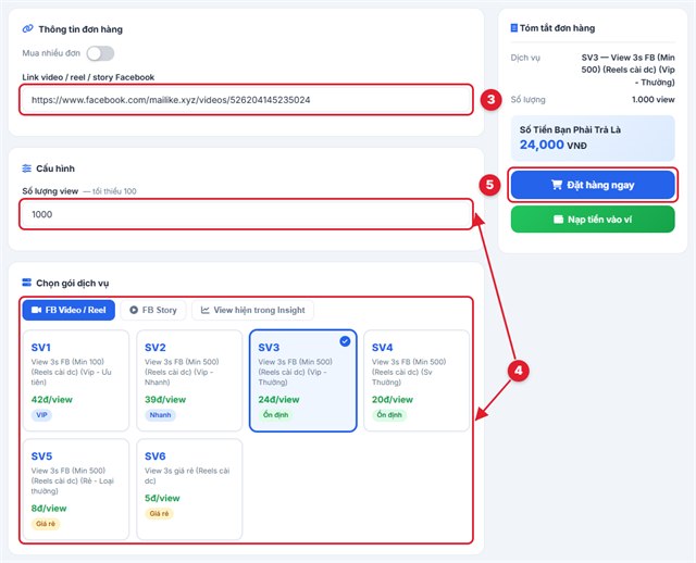 Dán link video, chọn gói và đặt đơn tăng view video Facebook